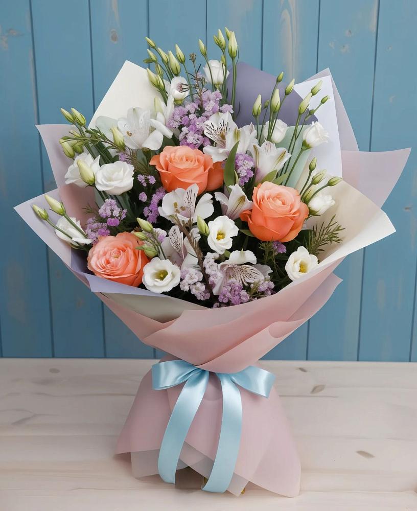 Букет цветов из: Лизиантусы, Розы, Альстромерии и Гипсофила в Кисловодске